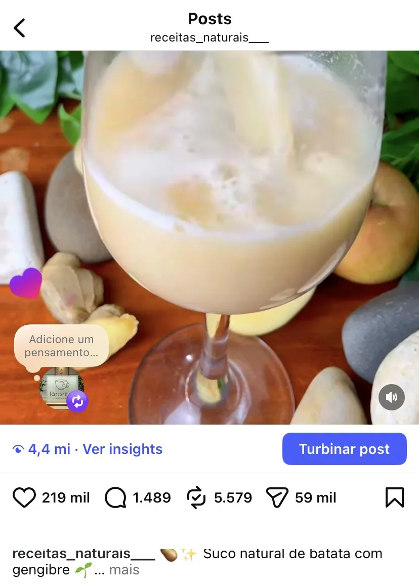 Publicação de receita natural com grande engajamento