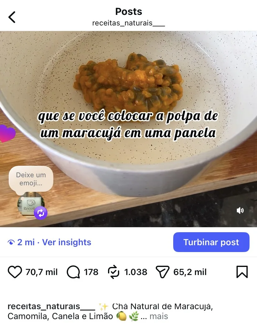 Publicação de receita com maracujá e grande engajamento